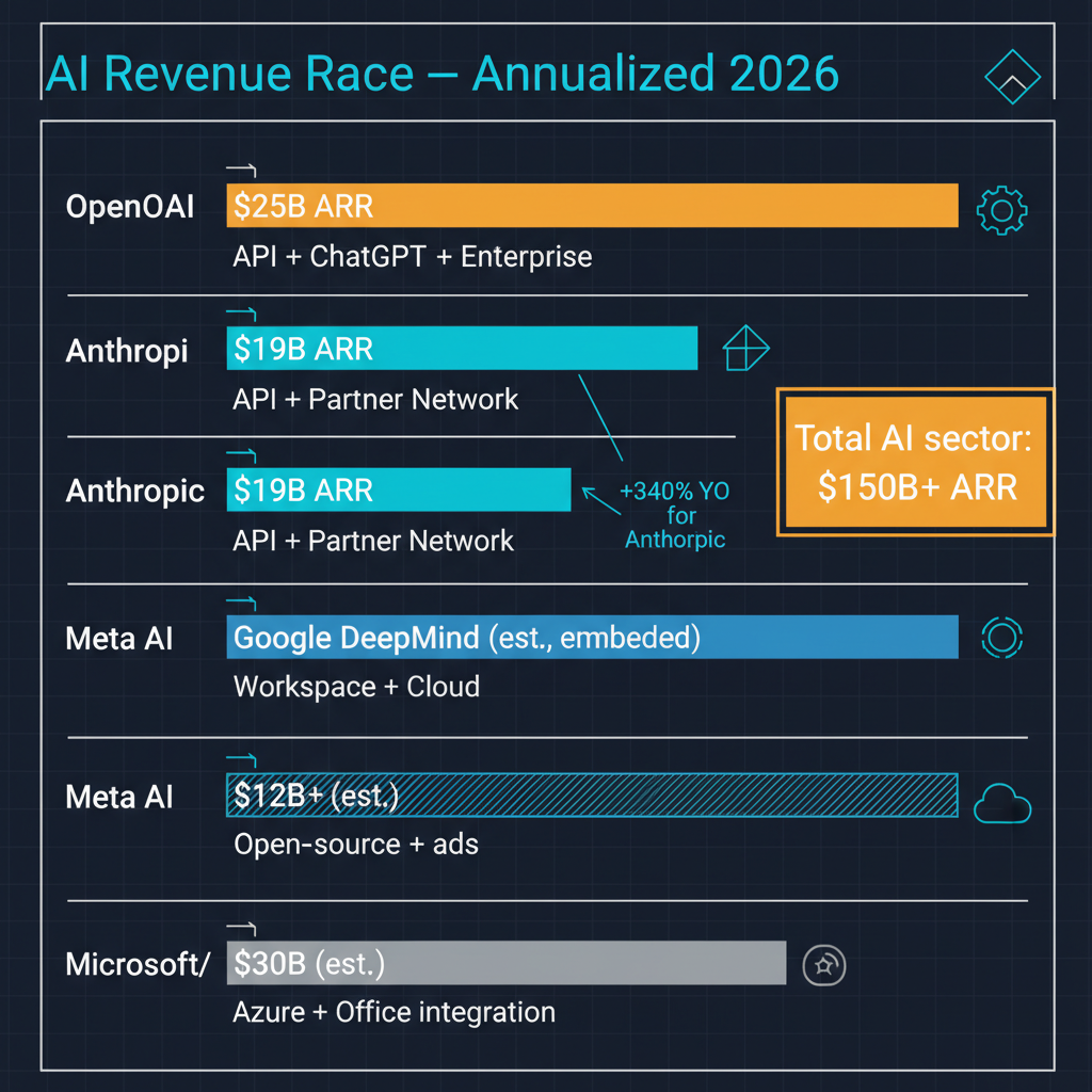 AI company revenue comparison 2026: OpenAI $25B, Anthropic $19B