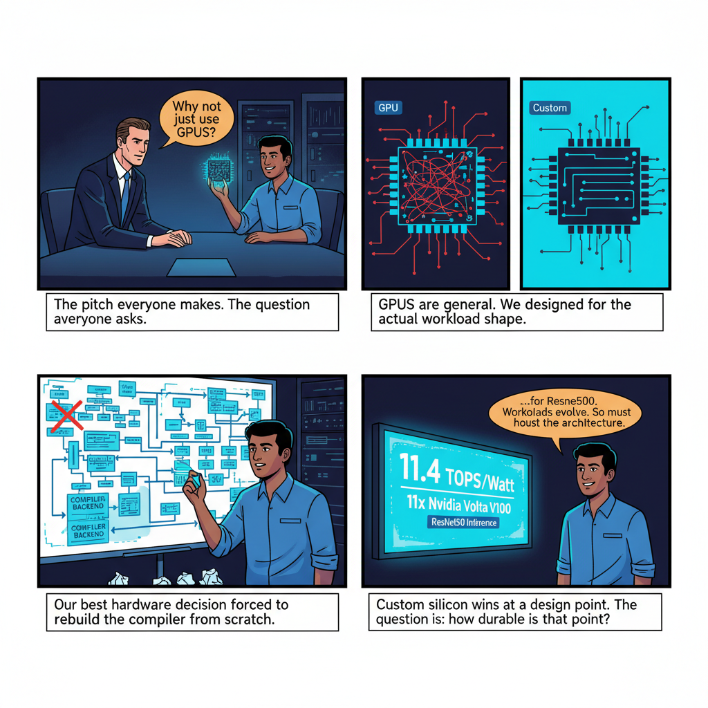 4-panel comic: Building Pathtronic — custom AI silicon, hardware-software co-design, and the limits of benchmark arithmetic