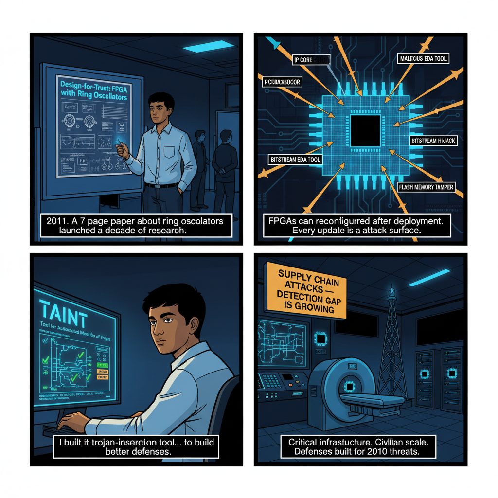4-panel comic: FPGA supply chain security — from ring oscillators to critical infrastructure risk