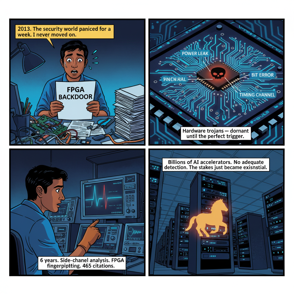 4-panel comic: Hardware trojans in the AI era — from PhD research to existential infrastructure risk