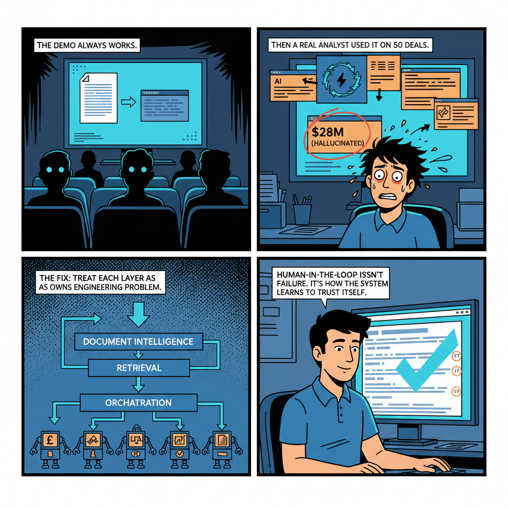 4-panel comic: Building multi-agent systems for private equity — the demo works, production breaks