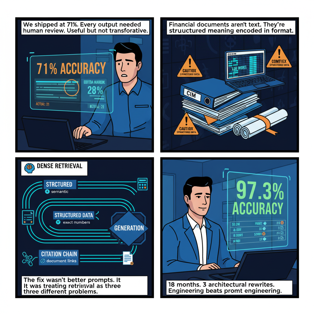 4-panel comic: RAG for financial documents — from 71% to 97.3% accuracy